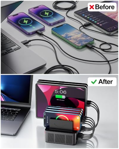 200W/40A Charging Station for Multiple Devices, 18 Port USB C Fast Charger | with Adjustable Dividers, Multi Organizer Charging Dock for Smartphone, iPad, Kindle, Tablet & More