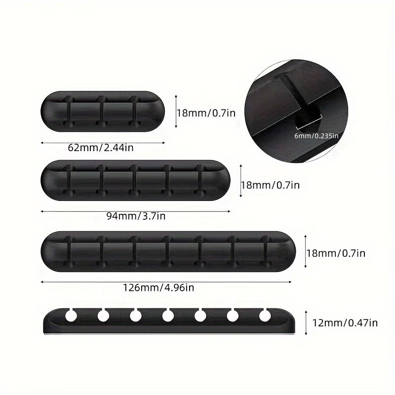 Silicone Cable Organizer Self Adhesive Desktop Clips Low Profile Multiple Slots for Mobile Charging Earphones Mouse Wires, Black, Set of 5 pieces