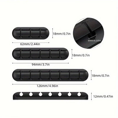 Silicone Cable Organizer Self Adhesive Desktop Clips Low Profile Multiple Slots for Mobile Charging Earphones Mouse Wires, Black, Set of 5 pieces