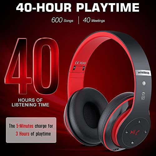 6S Bluetooth Headphones Over-Ear, Hi-Fi Stereo Foldable Wireless Stereo Headsets Earbuds with Built-in Mic, Volume Control, FM for iPhone/Samsung/iPad/PC (Black & Red) - color: Black & Red
