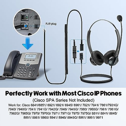 MKJ Headset for Cisco Phones Dual Ear Landline Headset with Noise Cancelling Microphone for Cisco Telephone CP-7821 7841 7941G 7942G 7945G 7960 7961G 7962G 7965G 7971G 7975G 8841 8865 9971 - color: Basic Duo Headset