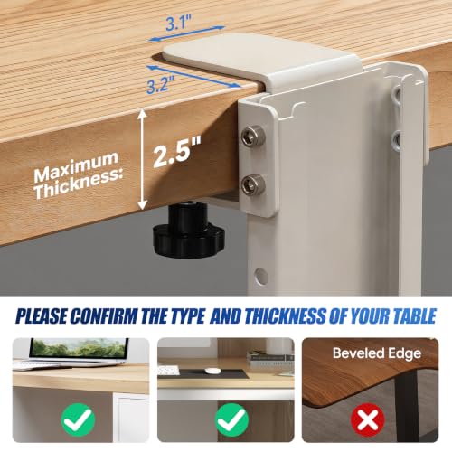 Adjustable Under Desk PC Mount, Heavy Duty No Drilling Clamp Mount on Desk Fits Most PC Tower 14.5”-22.4” (H) , Thickened & Ultra Strong CPU Holder for Standing Desk & Home Office, White - color: White
