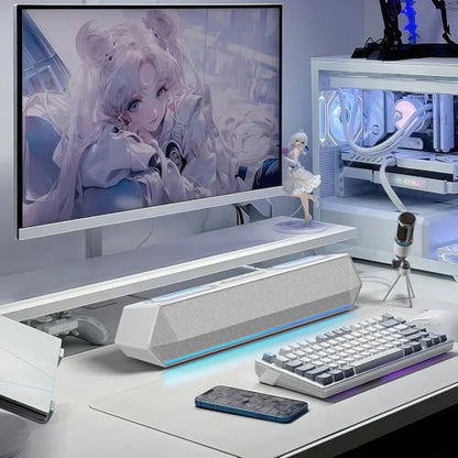 Deeyaple Computer Speakers, 40W PC Speakers for Desktop Monitor with Bluetooth 5.3 & USB Audio, HiFi Stereo Gaming Soundbar with Custom EQ Software, Dynamic RGB Lighting for Laptop, PS4, PS5, White.