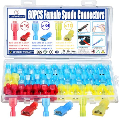 60PCS Female Spade Connector Kit, Nylon Spade & Terminal Connectors for 12-10, 16-14, 22-16 AWG Wire, Quick Disconnect Fully Insulated Crimp Terminals for Auto, Speaker, and Stereo Wiring