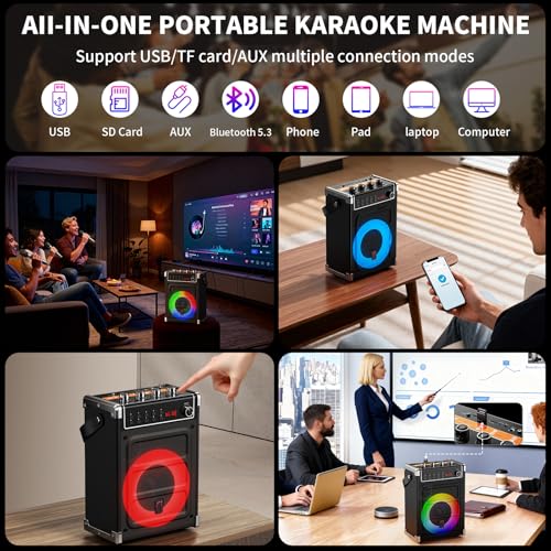 JYX Karaoke Machine with 2 Wireless Microphones, Portable Bass/Treble Bluetooth Speaker with LED Light, Support TWS, AUX in, FM, REC PA System with Remote Control, Supply for Party/Adults/Kids - color: Black