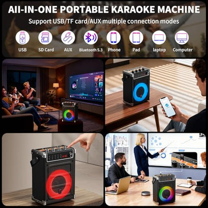 JYX Karaoke Machine with 2 Wireless Microphones, Portable Bass/Treble Bluetooth Speaker with LED Light, Support TWS, AUX in, FM, REC PA System with Remote Control, Supply for Party/Adults/Kids - color: Black