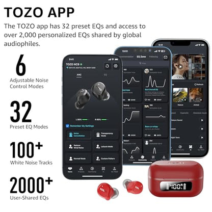 TOZO NC9 Hybrid Active Noise Cancelling Wireless Earbuds, 6 Mics ENC Clear Call, IPX8 Waterproof, in Ear Bluetooth 5.3 Headphones Stereo Bass Ear Buds 60H Playtime with LED Display 32 EQs via APP - color: Bright Red