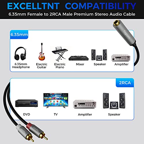 6.35mm to 2RCA Audio Cable(2 Pack),6.35mm 1/4 inch Female TRS to Stereo Dual RCA Male Y Splitter Audio Adapter Cable Gold Plated Plug (10 Inch/25CM) - size: 2 Pack, style: 6.35(female) to 2RCA(male)