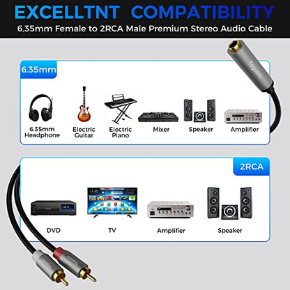 6.35mm to 2RCA Audio Cable(2 Pack),6.35mm 1/4 inch Female TRS to Stereo Dual RCA Male Y Splitter Audio Adapter Cable Gold Plated Plug (10 Inch/25CM) - size: 2 Pack, style: 6.35(female) to 2RCA(male)