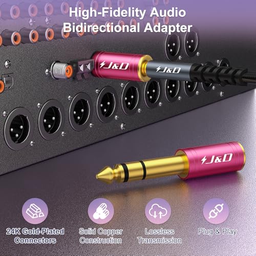 J&D 5-Pack 1/4 to 1/8 Headphone Adapter, 6.35 mm to 3.5 mm Stereo TRS Male to Female, Gold-Plated 3.5mm Plug Jack Connector for Guitar, Amp, Keyboard, Bass, Red - color: Red