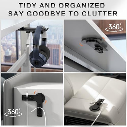 2 in 1 Cable Organizer & Headphone Stand, 360° Rotatable Headset Holder & Cord Management for Desk, Wall, Car etc. – Keep Wires & Earphone Tidy