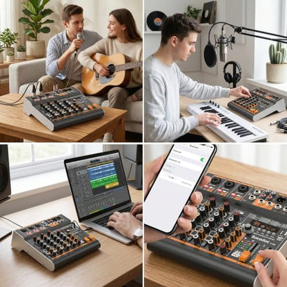 5 Channel Audio Mixer with Bluetooth & 99 DSP Effects for Streaming | 48V Phantom, 3-Band EQ, USB Rec, Stereo Inputs, Low Noise, Gain Control,Headphone Jack for Podcast, Church, Karaoke, Live