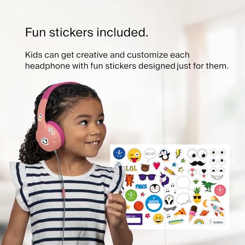 Belkin SoundForm Mini Wired Kids Headphones, On Ear, 3.5mm | Toddler headphones, built-in mic, 85dB safe volume limit, durable design, online learning, classroom, travel - color: Pink, style: Wired