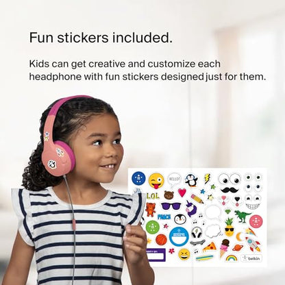 Belkin SoundForm Mini Wired Kids Headphones, On Ear, 3.5mm | Toddler headphones, built-in mic, 85dB safe volume limit, durable design, online learning, classroom, travel - color: Pink, style: Wired