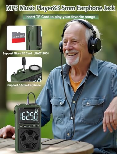 Bluetooth AM FM Shortwave Radio with NOAA Weather Alert,1250mAh Rechargeable Portable Pocket Radio with Best Reception,5W Big Speaker, Digital Tuner and Earphone,Support SD Card and USB MP3 Player - color: Green