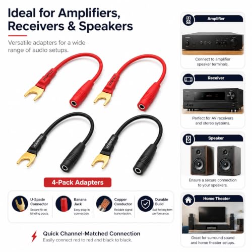Spade to Banana Plug Cable 4-Pack 24K Gold OFC | 8-Inch, 13AWG, 24K Gold-Plated, OFC Pure Copper, 45-Degree Angled, Color-Coded, Amplifier, AV Receiver, Home Theater