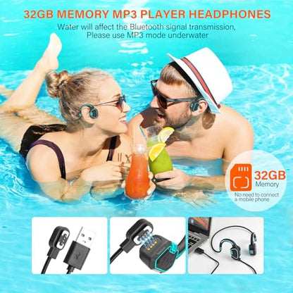 Bone Conduction Headphones Swimming Headphone - IP68 Waterproof Open Ear Headphones with MP3 Play 32G Memory Inductive Wireless Bluetooth Sports Headset for Running Swimming (Blue)