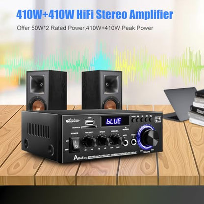 AK45 Pro Stereo Amplifier Home Audio, Stereo Receivers with Bluetooth 5.0,Max 400W, 2.0 Channel Audio Receiver for Home Theater Speakers w/USB/SD/RCA/2 MIC in for Karaok - size: AK45 pro