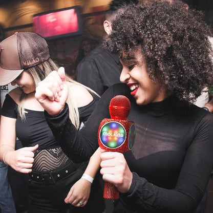 Mockins Red Bling Karaoke Microphone for Kids - Wireless Microphone Karaoke w/Speaker, Voice Changer & Colorful LED Lights, Portable Kids Micro Phone - color: Red Bling