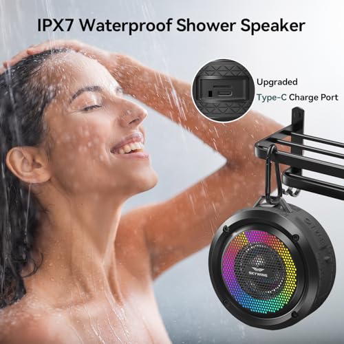 Bluetooth Shower Speaker, Soundace S6 IPX7 Waterproof Portable Speaker with Suction Cup, Hook, Lights,Stocking Stuffers, Premium Mini Outdoor Wireless Speake Ideal Gift for Christmas (Black) - color: Black