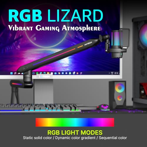 IXTECH RGB Low Profile Boom Arm for Mic, Adjustable Microphone Arm Stand with Desk Mount Clamp, Rotatable Microphone Boom Arm Mic Stand with Cable Management for Podcast Streaming Gaming Studio. - color: 4 LIZARD RGB