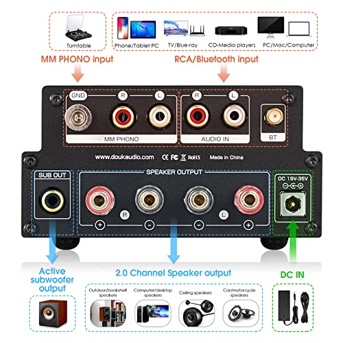 Douk Audio Tube Phono Amp: Bluetooth Receiver | 2-Channel Amplifier for MM Turntables | 160W×2 TDA7498E | Tone Control | for Desktop Vinyl HiFi Home Audio System (X1)