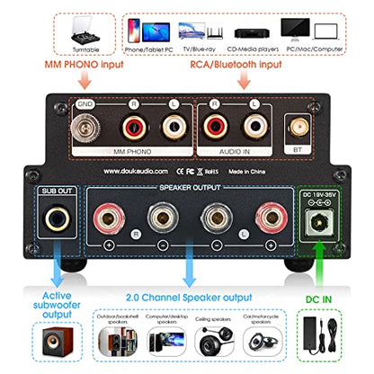 Douk Audio Tube Phono Amp: Bluetooth Receiver | 2-Channel Amplifier for MM Turntables | 160W×2 TDA7498E | Tone Control | for Desktop Vinyl HiFi Home Audio System (X1)