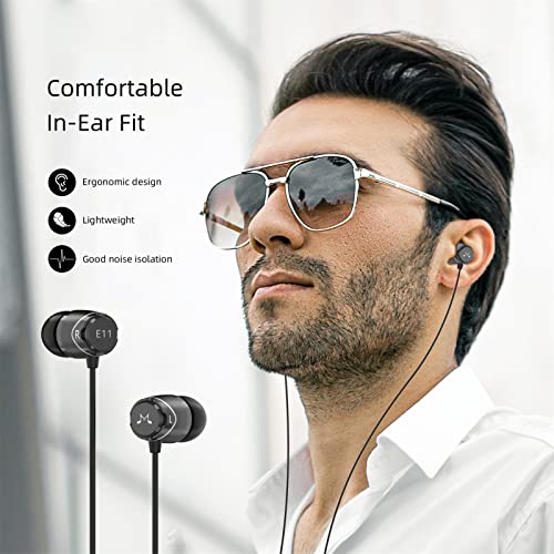 SoundMAGIC E11 Wired Earbuds No Microphone HiFi Stereo Earphones Noise Isolating in Ear Headphones Powerful Bass Tangle Free Cord Black | Balanced precise sound, rich bass, full aluminum housing, passive noise isolation, ergonomic seat - color: Black