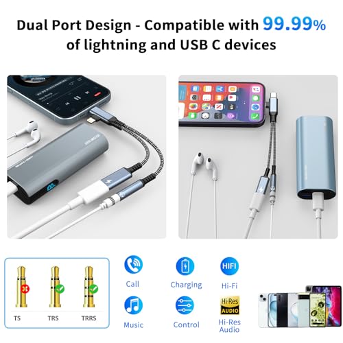 2 in-2 Lightning USBC to 3.5mm Headphone and Charger Adapter, [MFi Certified] USB C to Aux Audio Jack with PD 60W Fast Charging Dongle, Headphone Adapter for iPhone 16/15 14/13, Galaxy, Pixel (Blue)