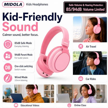 Kids Bluetooth Headphones Wireless 68 Hours,Safe Volume Limit 85/94dB Pink | Adjustable Headband Foldable Over-Ear Lightweight Headsets for Toddler Girls Boys Tablet/iPad,HD Stereo,Built-in Mic - color: Pink