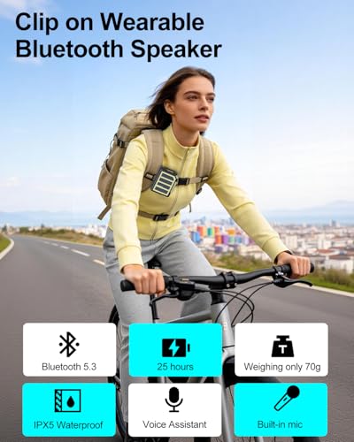 Wearable Bluetooth Speaker Mini Clip On Wireless Speaker, IPX5 Waterproof, 25H Playtime, Built in Mic for Hands Free Calls & Music, Ultra Portable Small Bluetooth Speakers for Outdoor & Jobsite Use