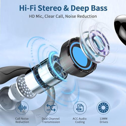 Wireless Earbuds, 2026 Bluetooth 5.4 Headphones Sport, 60Hrs HiFi Stereo Deep Bass Over-Ear buds with ENC Noise Cancelling Mic, IP7 Waterproof & LED Display Earphones with Earhooks for Workout/Running - color: Light Black