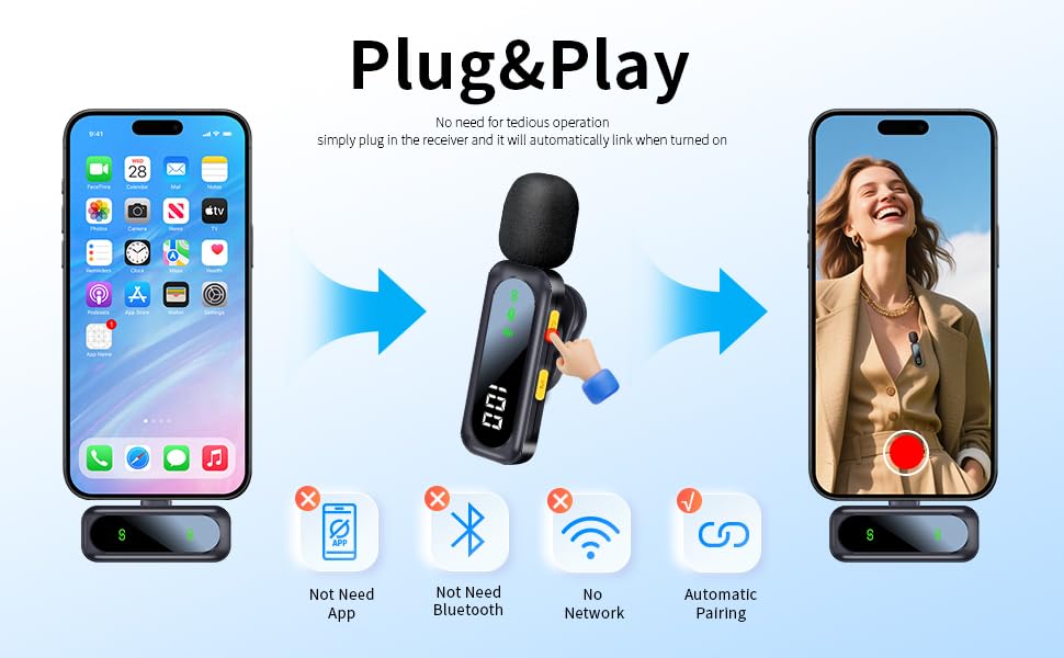 Wireless Lavalier Microphone with Magnetic Clip & LED Display, Mini Lapel Mic，Wireless Microphone for iPhone,Android, iPad, for Video Recording, Streaming, Interview, Vlog,Tiktok,YouTube - size: All iPhones & Androids (LED Display)