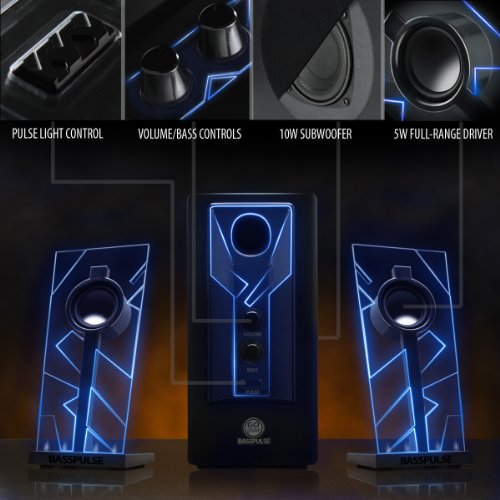 GOgroove BassPULSE 2.1 Computer Speakers with Blue LED Glow Lights and Powered Subwoofer - Gaming Speaker System for Music on Desktop, Laptop, PC with 40 Watts, Heavy Bass