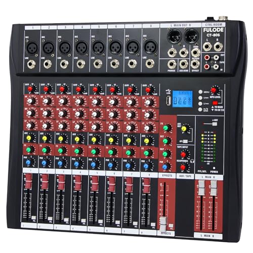 FULUODE Audio Mixer 8 Channel, CT-80S Professional Sound System Mixer Board DJ Mixing Console with Reverb MP3 Player Bluetooth 48V Phantom Power Supply USB Recording for Studio Karaoke Live Music
