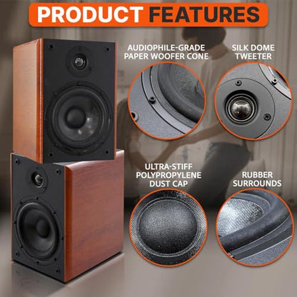 Pyle 6.5" Home Audio Speakers, 2-Way Passive Bookshelf, 240W Max Power, 1" Silk Dome Tweeter, Composite Woofer, Gold Plated 5 Way Binding Post, Rubber Surrounds, Beautiful Wood Grain Finish - Pair - color: Natural, size: 6 inch