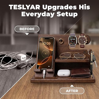 TESLYAR Wood Phone Docking Station for Men - Desk or Nightstand Organizer - Birthday Gifts for Husband, Dad - Anniversary Idea from Wife - Key Holder, Stand Wallet, Watch & Essentials (Bourbon Brown) | Mens Bedside Organiser with Key Holder, Wallet & Watc