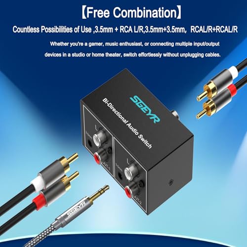 SGEYR RCA Switch 2 in 1 Out RCA switcher Selector 3.5mm Aux + RCA L/R Bi-Directional Stereo Audio Switcher A/B Analog Audio Switcher Black Metal Case