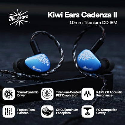 Linsoul Kiwi Ears Cadenza II 10mm Titanium Driver in Ear Monitor, HiFi Wired IEM Earphones with KARS 2.0, Precise Tonal Balance(Blue) Kiwi Ears SONICAP Waterproof Earbud Case(Black)