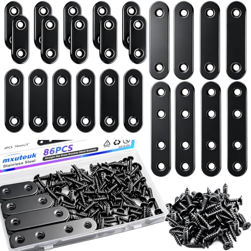 mxuteuk 86pcs Black Straight Flat Bracket,Stainless Steel Black Flat Brackets for Wood,Metal Mending Plate with Screws 36mm/46mm/56mm/76mm - color: Black-36/46/56/76mm