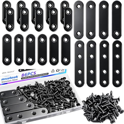 mxuteuk 86pcs Black Straight Flat Bracket,Stainless Steel Black Flat Brackets for Wood,Metal Mending Plate with Screws 36mm/46mm/56mm/76mm - color: Black-36/46/56/76mm