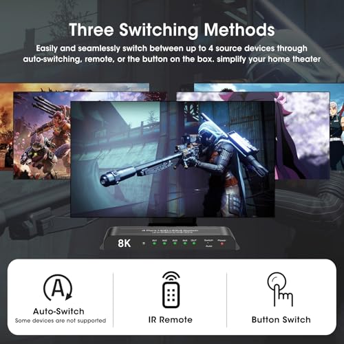 ROOFULL 4 Port 8K HDMI Switch with Remote | 4 In 1 Out HDMI 2.1 Switcher Selector, 8K@60Hz, 4K@120Hz, Dolby Vision/Atmos, Automatic Switching, HDCP 2.3, HDR10+, 48Gbps - color: Z-Black (8K)