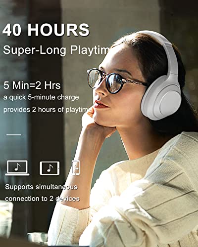 Headphones Wireless Bluetooth Over Ear, 40 Hours Playtime Wireless Headphones with Microphone,Foldable Light Weight Headset with HiFi Stereo Sound for Travel Work (White)
