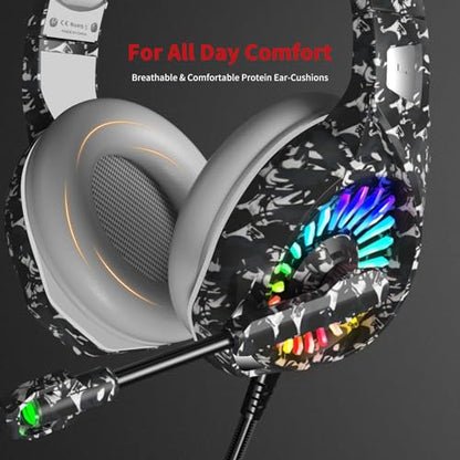 ZIUMIER Wired Camo Gaming Headset for PC, PS5, PS4, Xbox Series X|S | 노이즈 캔슬링 마이크, LED RGB 조명, 50mm 드라이버, 3.5mm 오디오 잭, 소프트 메모리 폼, 멀티 플랫폼 헤드폰 - color: 카모플라주