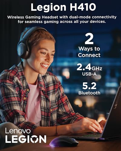Lenovo Legion H410 Wireless Gaming Headset, Bluetooth or 2.4 GHz USB-A Connection, Lightweight (304 Grams), Adjustable Headband, Flip to Mute Mic, Black - style: H410