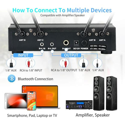 Rechargeable Wireless Microphone System 4 Channel Pro, UHF Metal Handheld Wireless Mics Cordless for Church Karaoke Singing with Bluetooth Echo Volume Control, 4x50 Frequency(MU-898)