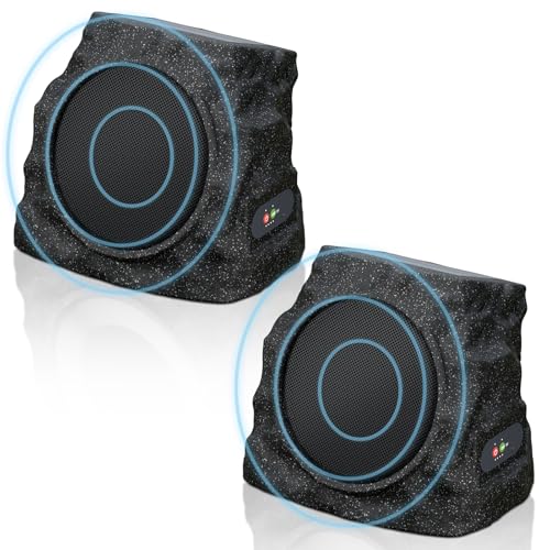2-Pack Solar Powered Rock Speakers Outdoor Water-Resistant with Lights | 3 Mode Lights Pair Function USB Rechargeable for Patio Pool Outside Garden Party - color: Black