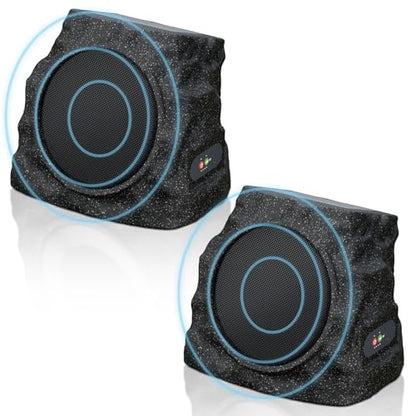 2-Pack Solar Powered Rock Speakers Outdoor Water-Resistant with Lights | 3 Mode Lights Pair Function USB Rechargeable for Patio Pool Outside Garden Party - color: Black