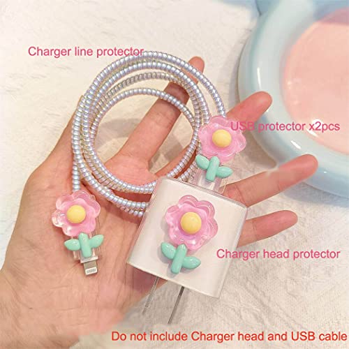 ZOSTLAND 5 in 1 DIY 18W 20W Heart Shape Protector Data Cable USB Charger Line Earphone Wire Saver Organizer Compatible with iPhone 11 12 13 14 15 Pro Max (Flower Pink)
