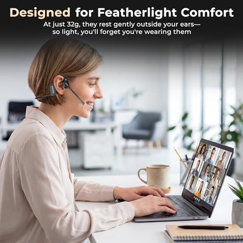 Air Conduction Open Ear Headphones with Mic, AI Noise Cancelling Bluetooth Headset, Dual Connect Wireless Headphones with Mute Button, 32g Lightweight for Work, Driving, Workout, Calls Black
